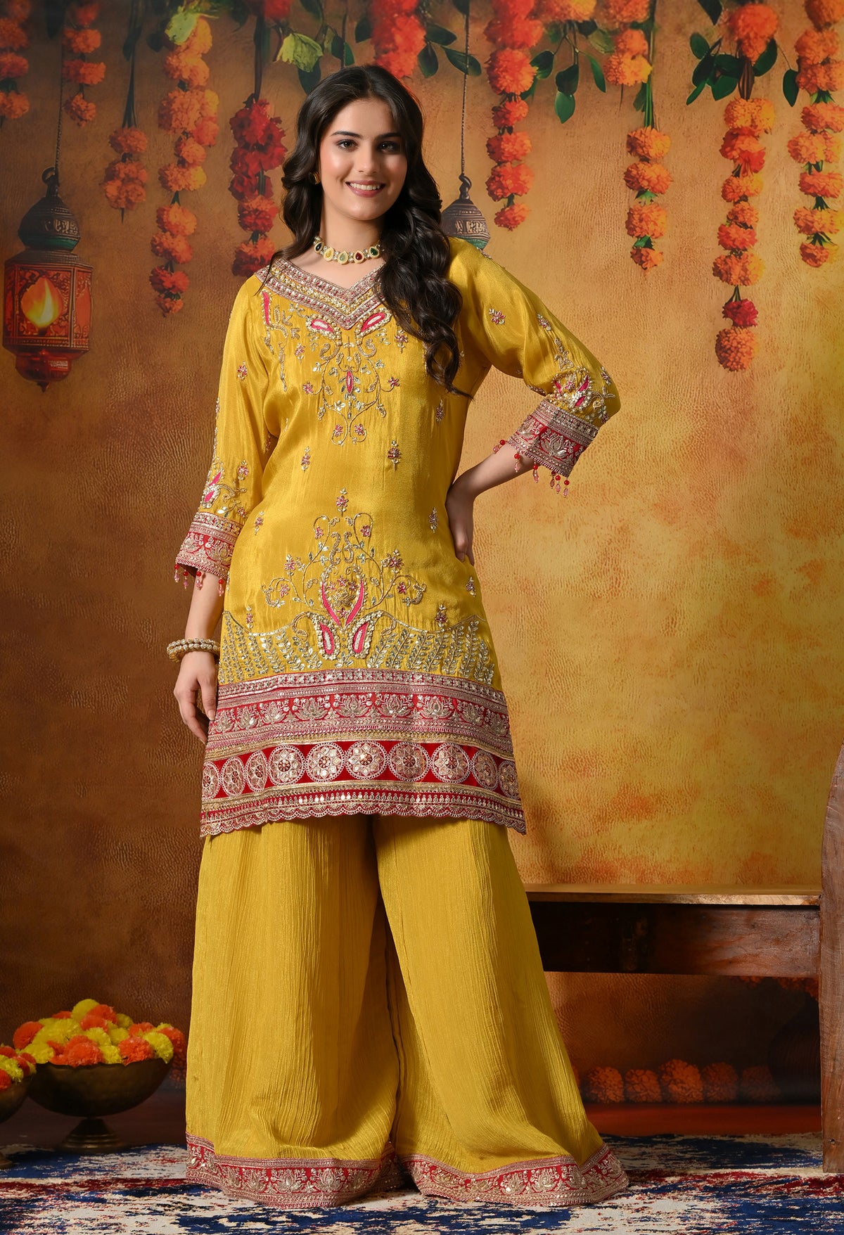 A Royal Silk Mustard Yellow Sharara Set