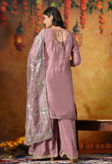 Subtle Dusty Pink Sharara Set Crafted in Gotta and Crystal Work