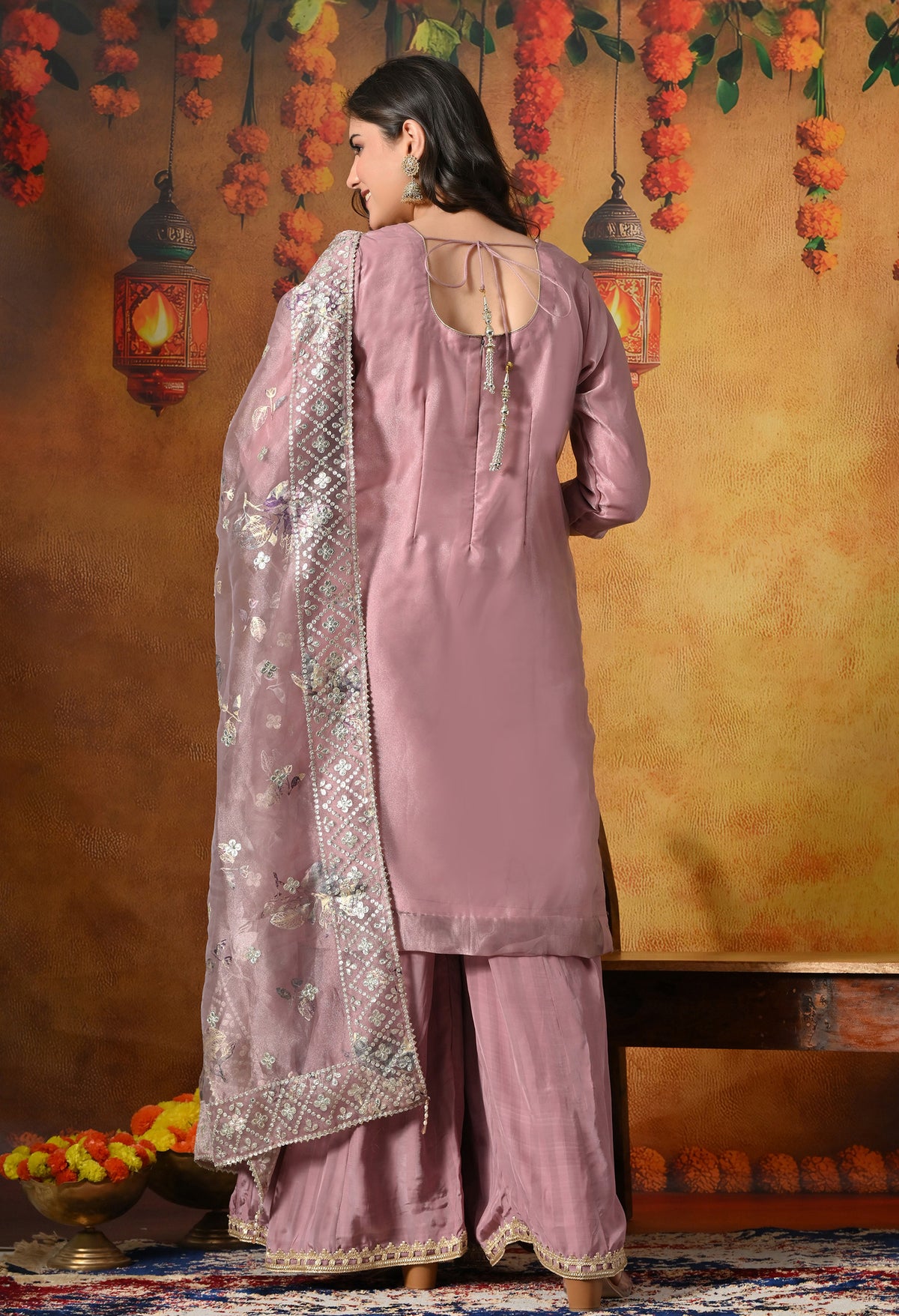 Subtle Dusty Pink Sharara Set Crafted in Gotta and Crystal Work