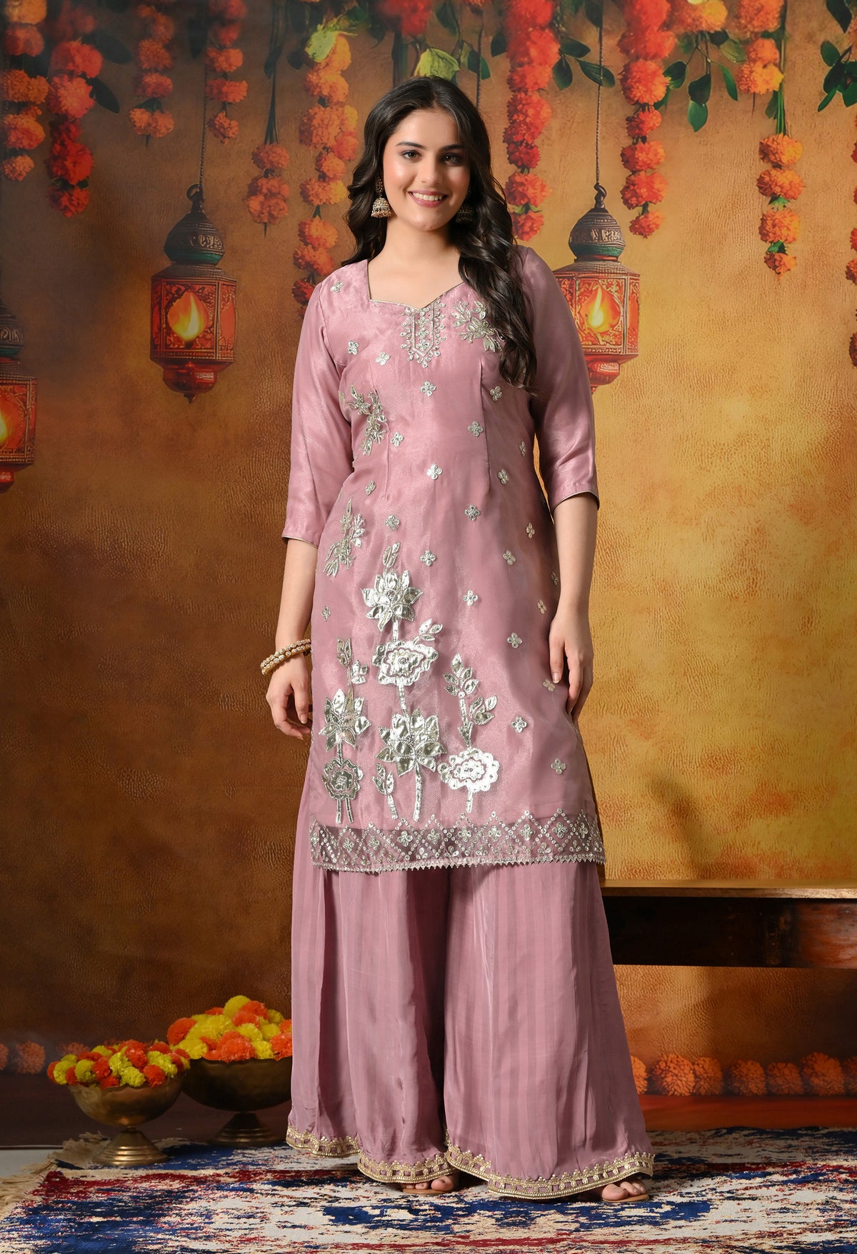 Subtle Dusty Pink Sharara Set Crafted in Gotta and Crystal Work
