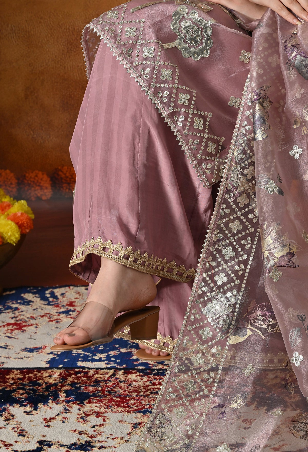 Subtle Dusty Pink Sharara Set Crafted in Gotta and Crystal Work