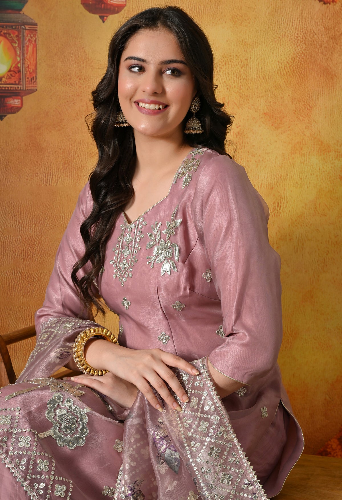 Subtle Dusty Pink Sharara Set Crafted in Gotta and Crystal Work