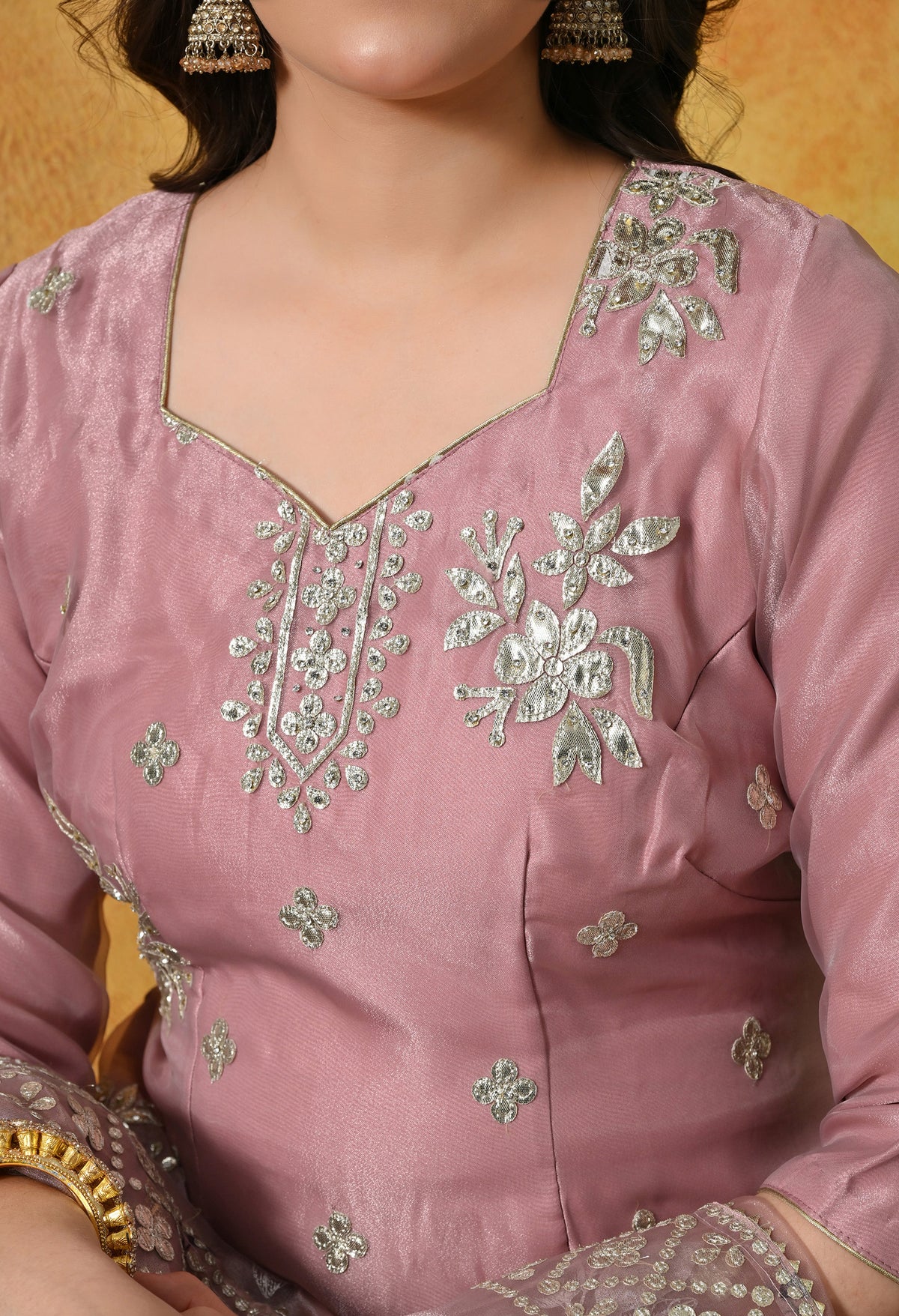 Subtle Dusty Pink Sharara Set Crafted in Gotta and Crystal Work