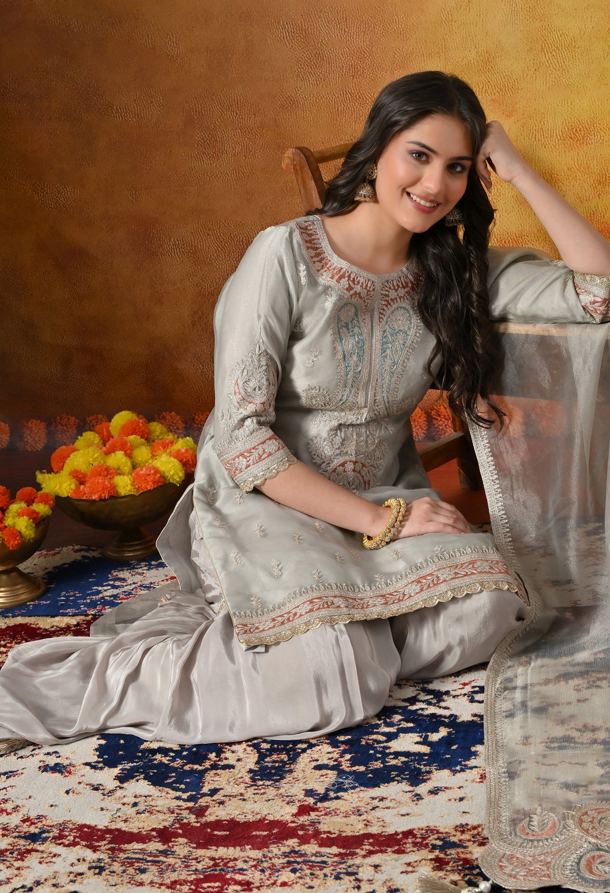 Pearl Grey Zardozi Embroidered Gharara Set