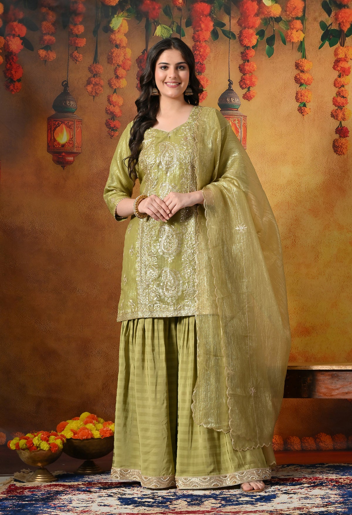 Luxurious Olive Green Gharara Set