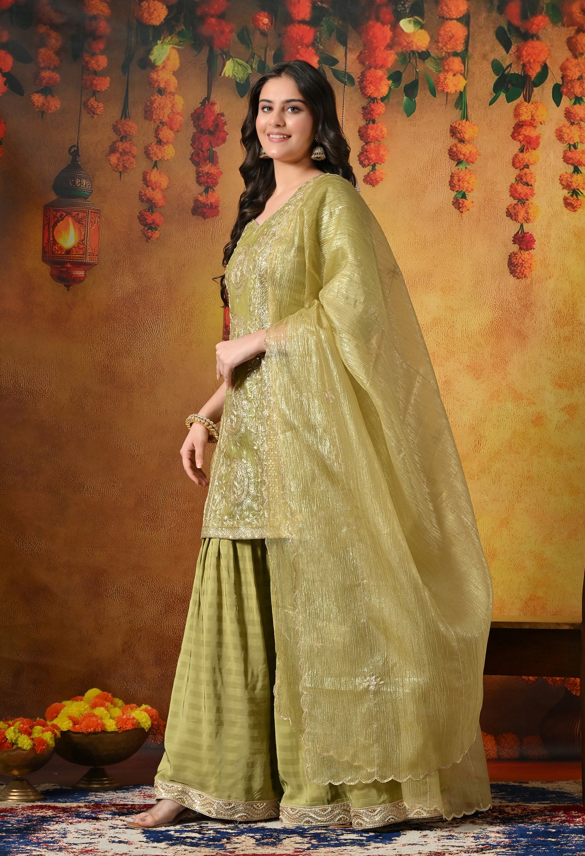 Luxurious Olive Green Gharara Set