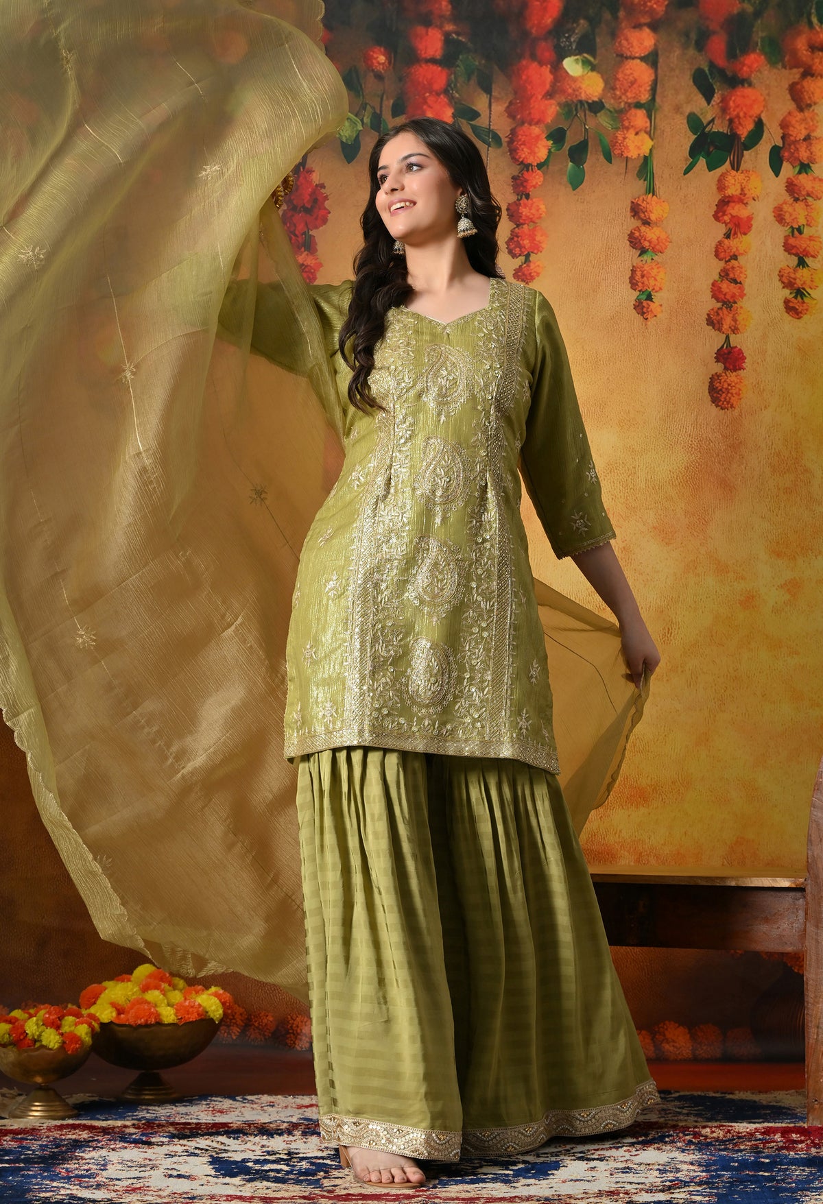 Luxurious Olive Green Gharara Set