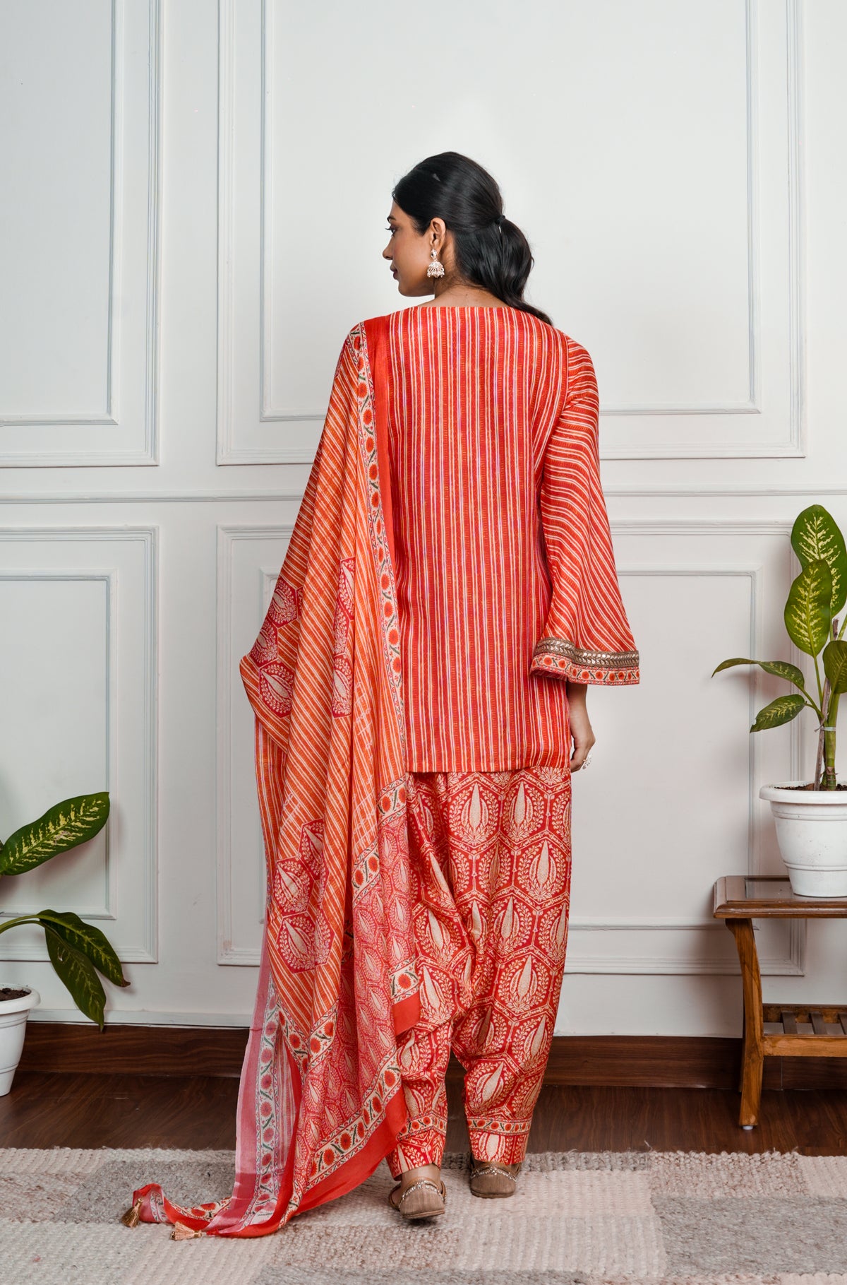 Red Printed Dola Silk Farsi Salwar With Dupatta