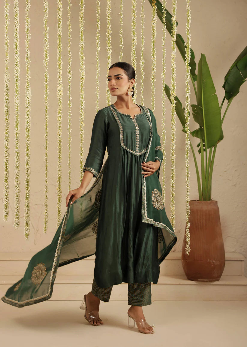 Bottle Green Sequin Work Suit Set