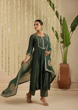 Bottle Green Sequin Work Suit Set