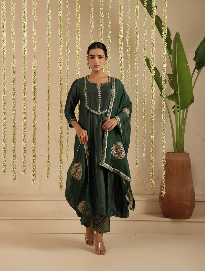 Bottle Green Sequin Work Suit Set