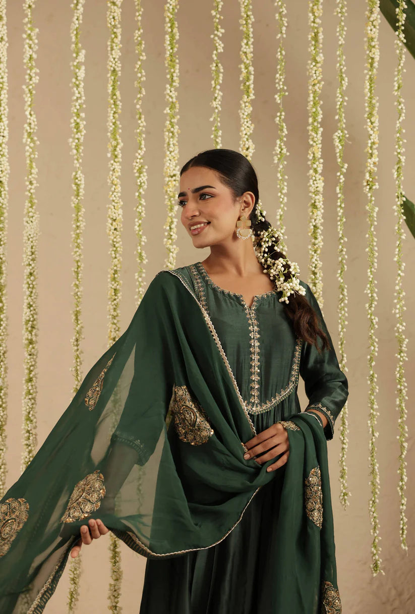 Bottle Green Sequin Work Suit Set