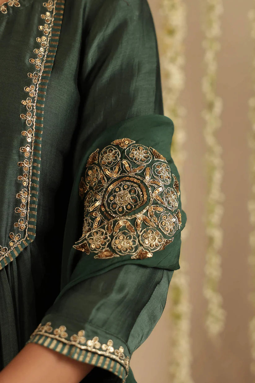Bottle Green Sequin Work Suit Set
