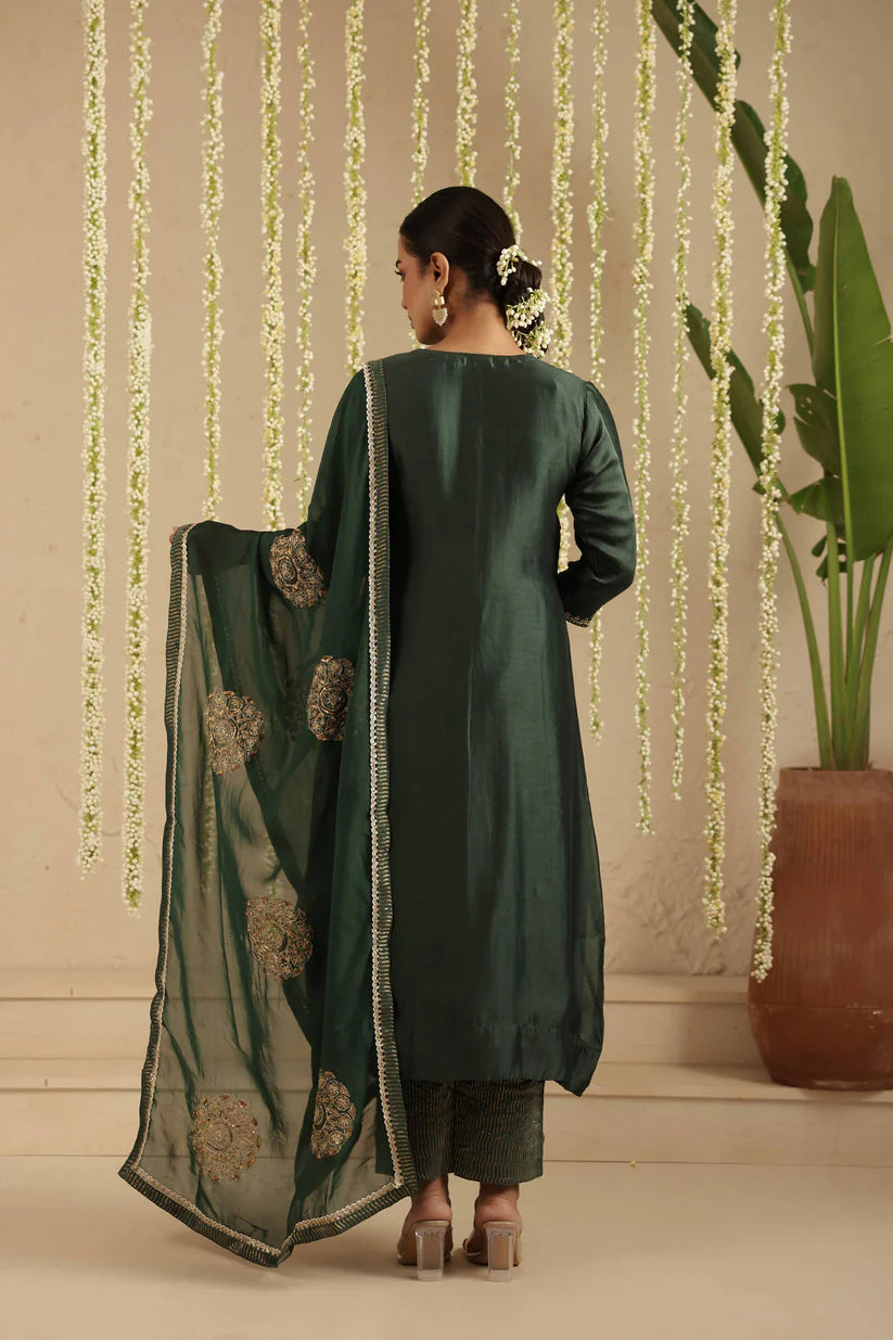 Bottle Green Sequin Work Suit Set