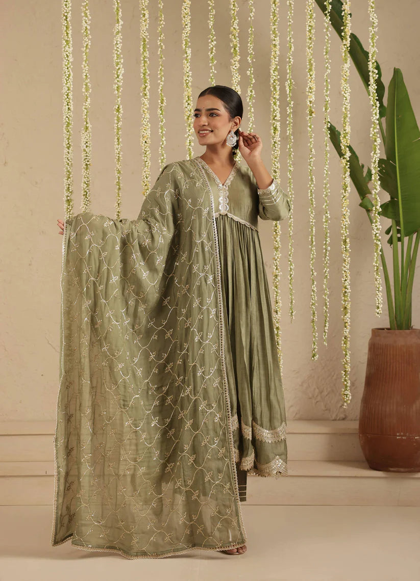 Bottle Green Anarkali with Organza Dupatta