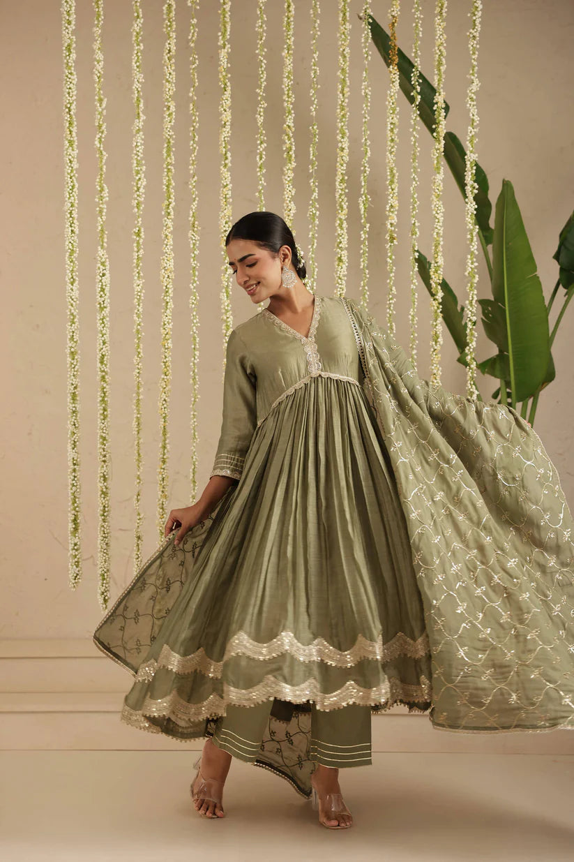 Bottle Green Anarkali with Organza Dupatta