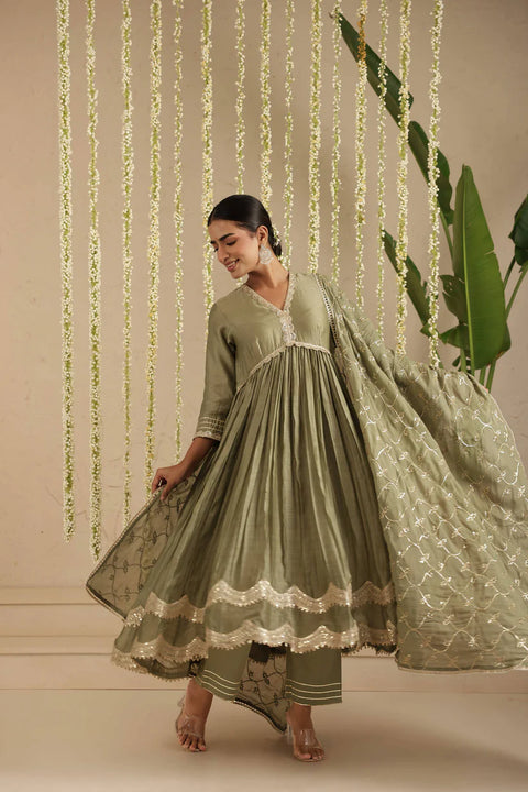 Bottle Green Anarkali with Organza Dupatta