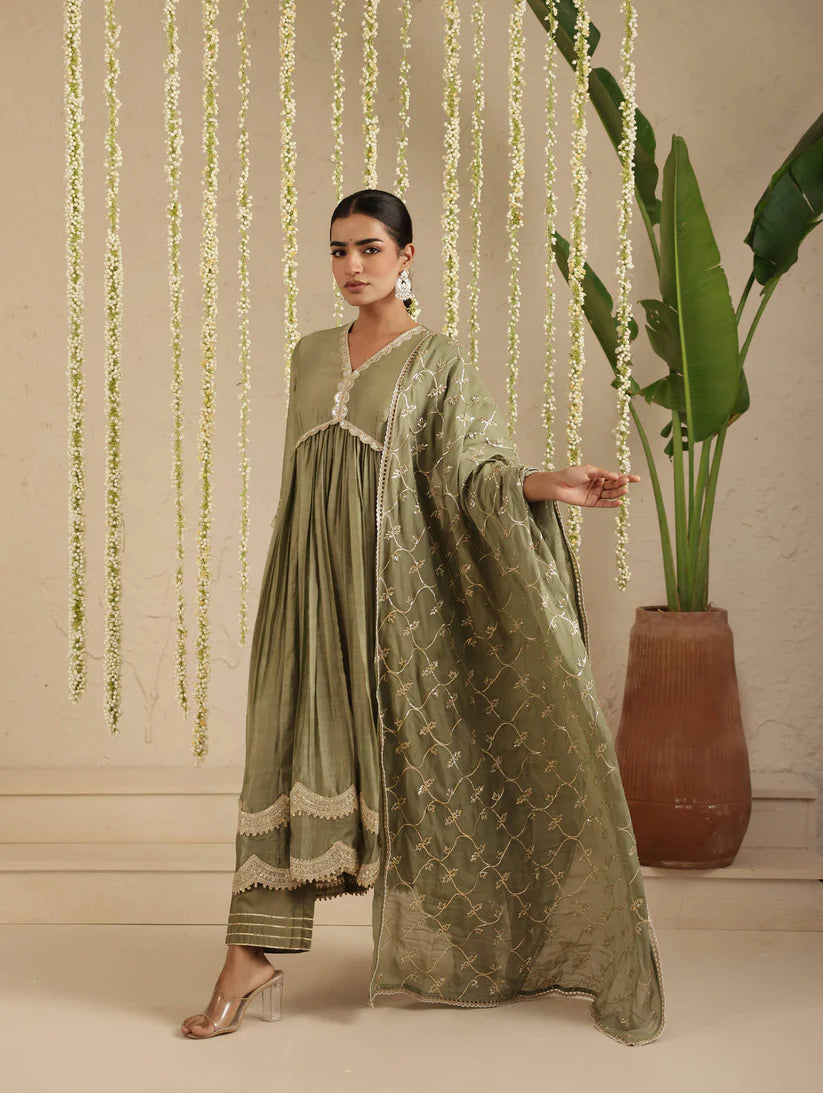Bottle Green Anarkali with Organza Dupatta