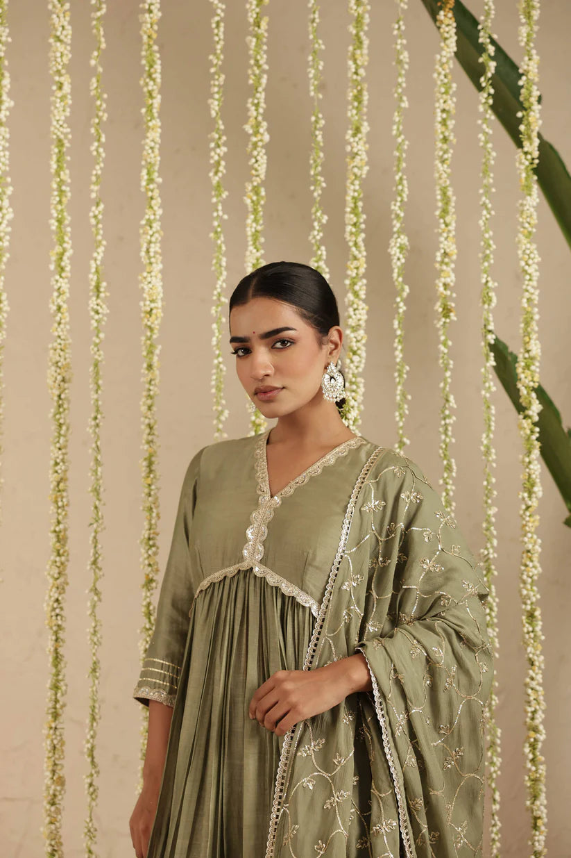 Bottle Green Anarkali with Organza Dupatta