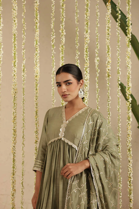 Bottle Green Anarkali with Organza Dupatta