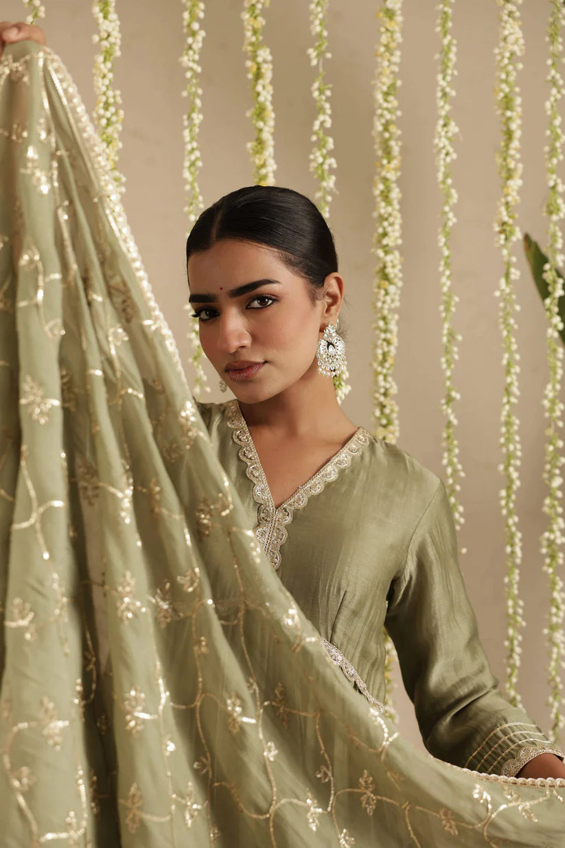 Bottle Green Anarkali with Organza Dupatta
