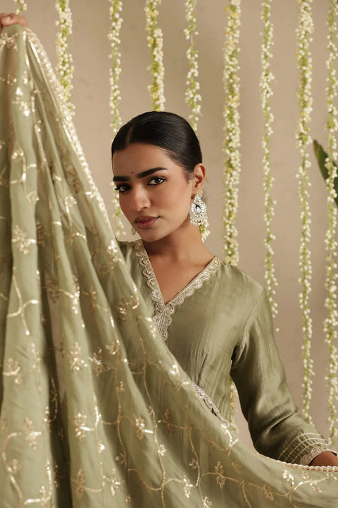 Bottle Green Anarkali with Organza Dupatta