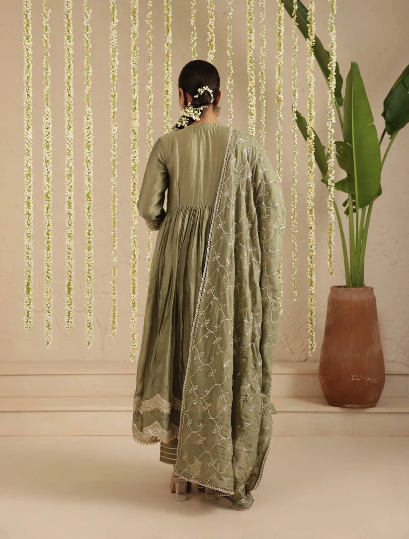 Bottle Green Anarkali with Organza Dupatta