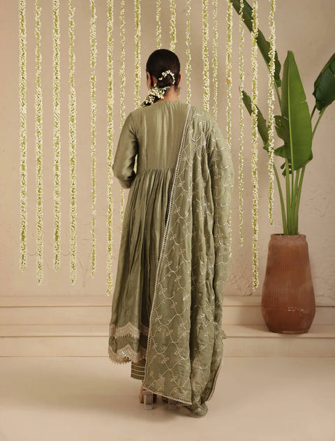 Bottle Green Anarkali with Organza Dupatta