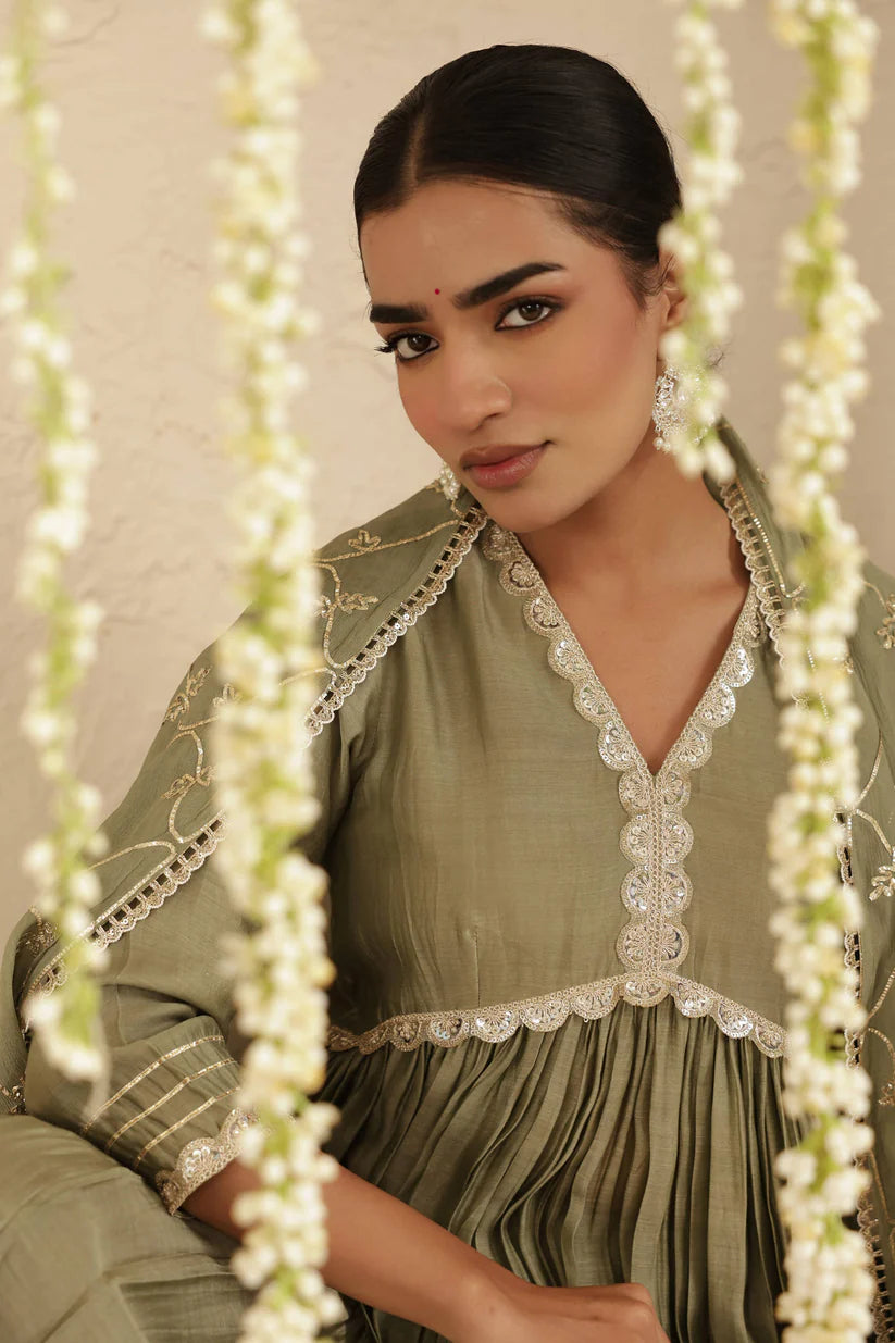 Bottle Green Anarkali with Organza Dupatta