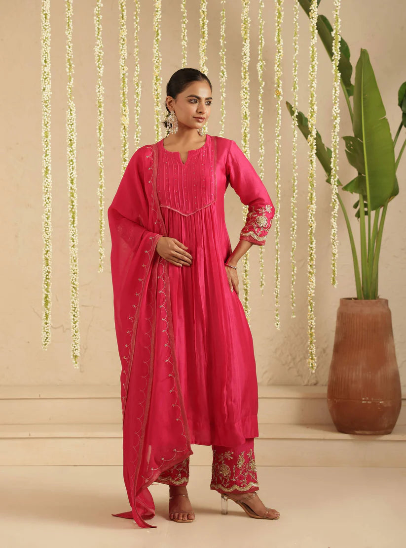 Hot Pink Top and Bottom Hand Embroidered Suit Set