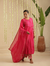 Hot Pink Top and Bottom Hand Embroidered Suit Set