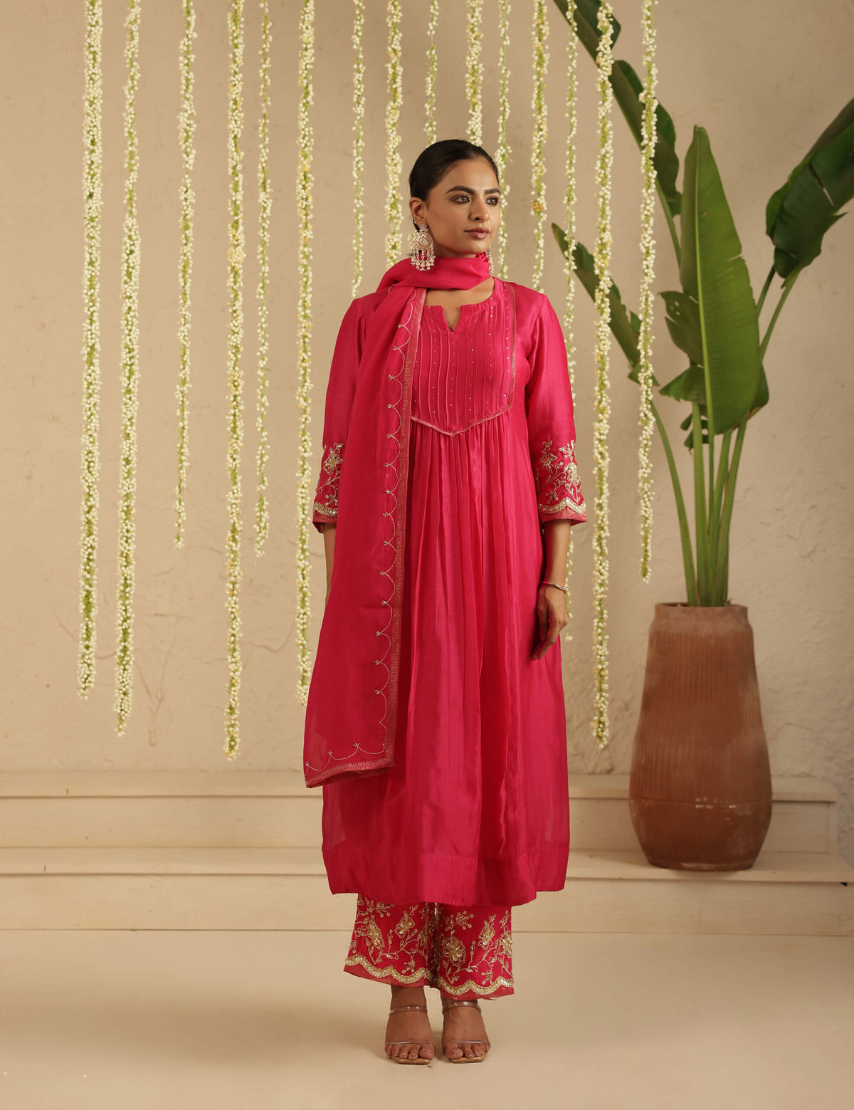 Hot Pink Top and Bottom Hand Embroidered Suit Set