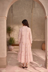 Pastel Pink Chanderi Lace Layered Long Open Jacket with Cotton Sleeveless Dress