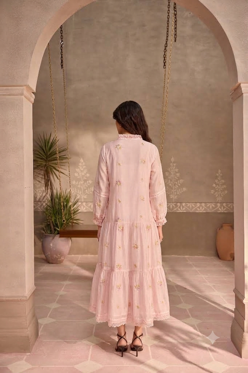 Pastel Pink Chanderi Lace Layered Long Open Jacket with Cotton Sleeveless Dress