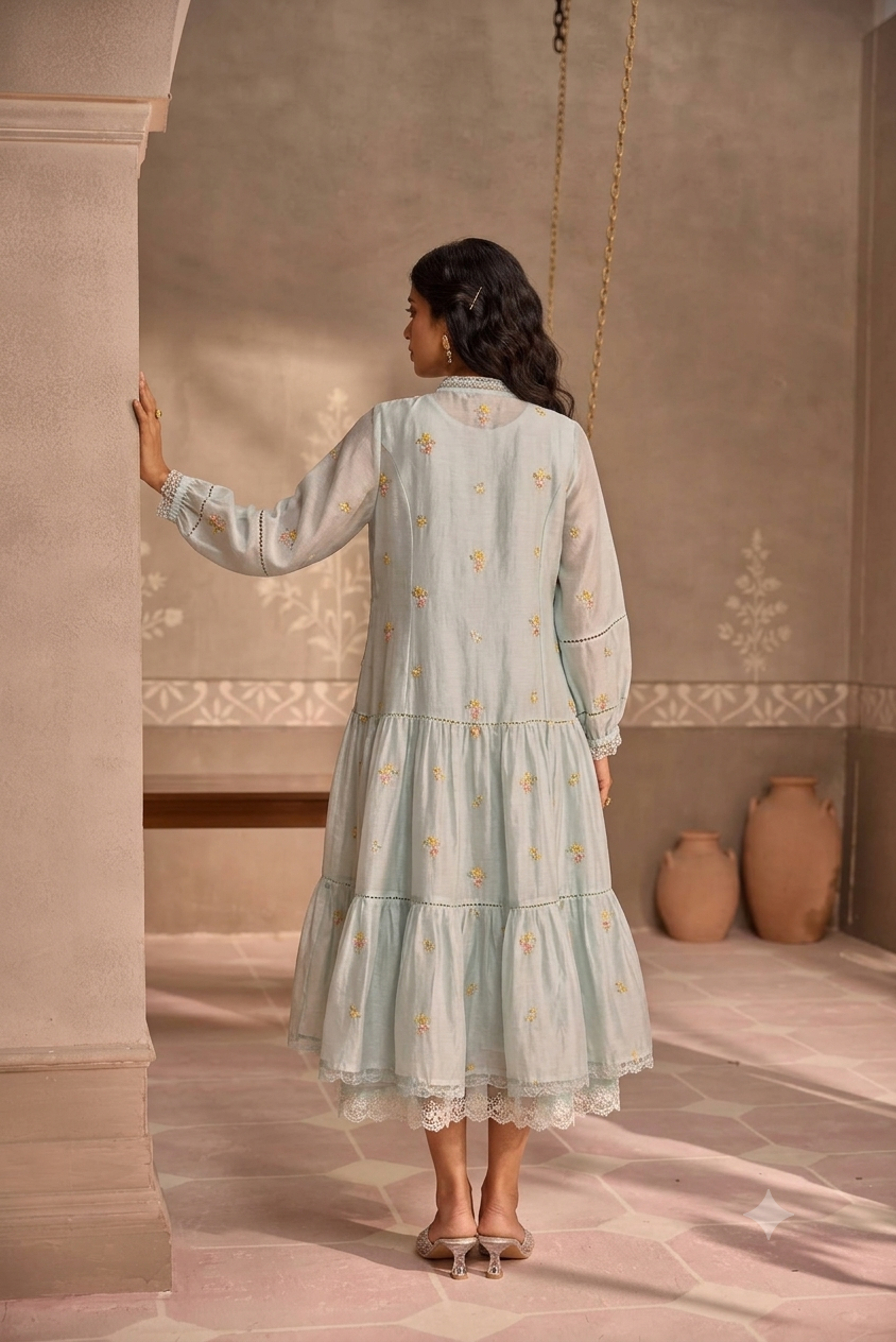 Powder Blue Chanderi Lace Layered Long Open Jacket with Cotton Sleeveless Dress