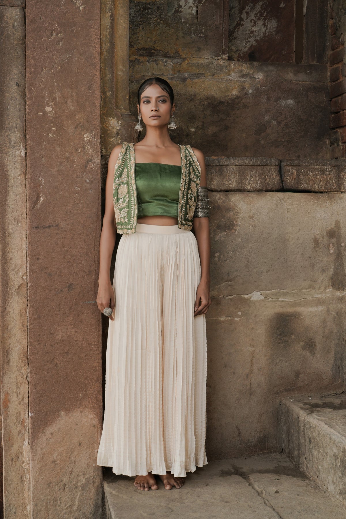 Green Silk Hand Embroidered Jacket And Plazzo Set
