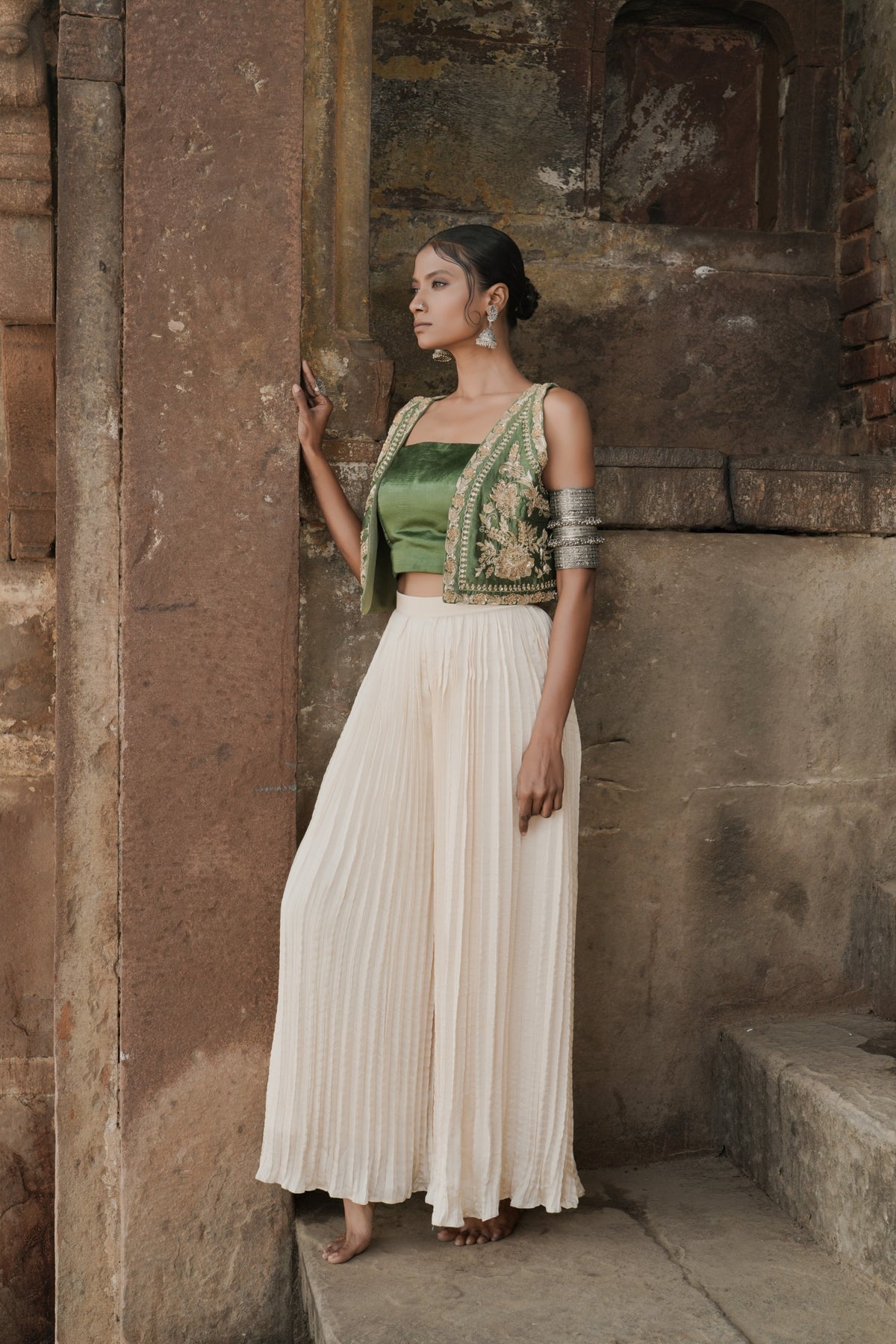 Green Silk Hand Embroidered Jacket And Plazzo Set
