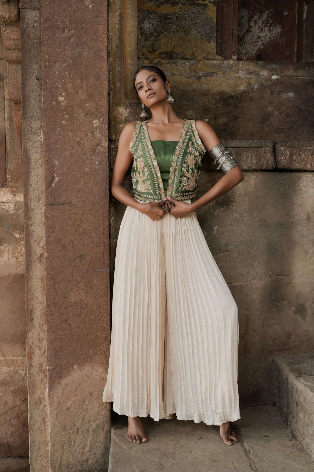 Green Silk Hand Embroidered Jacket And Plazzo Set