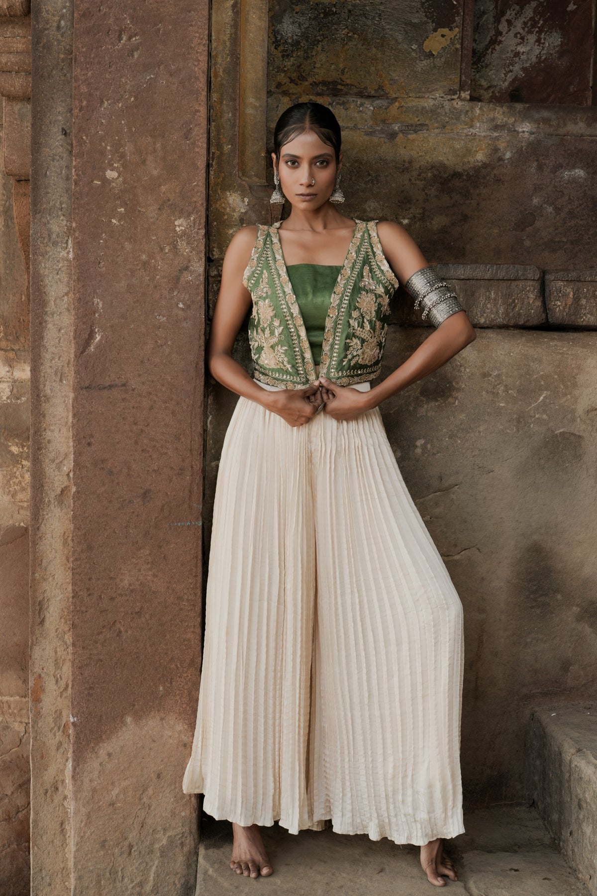 Green Silk Hand Embroidered Jacket And Plazzo Set