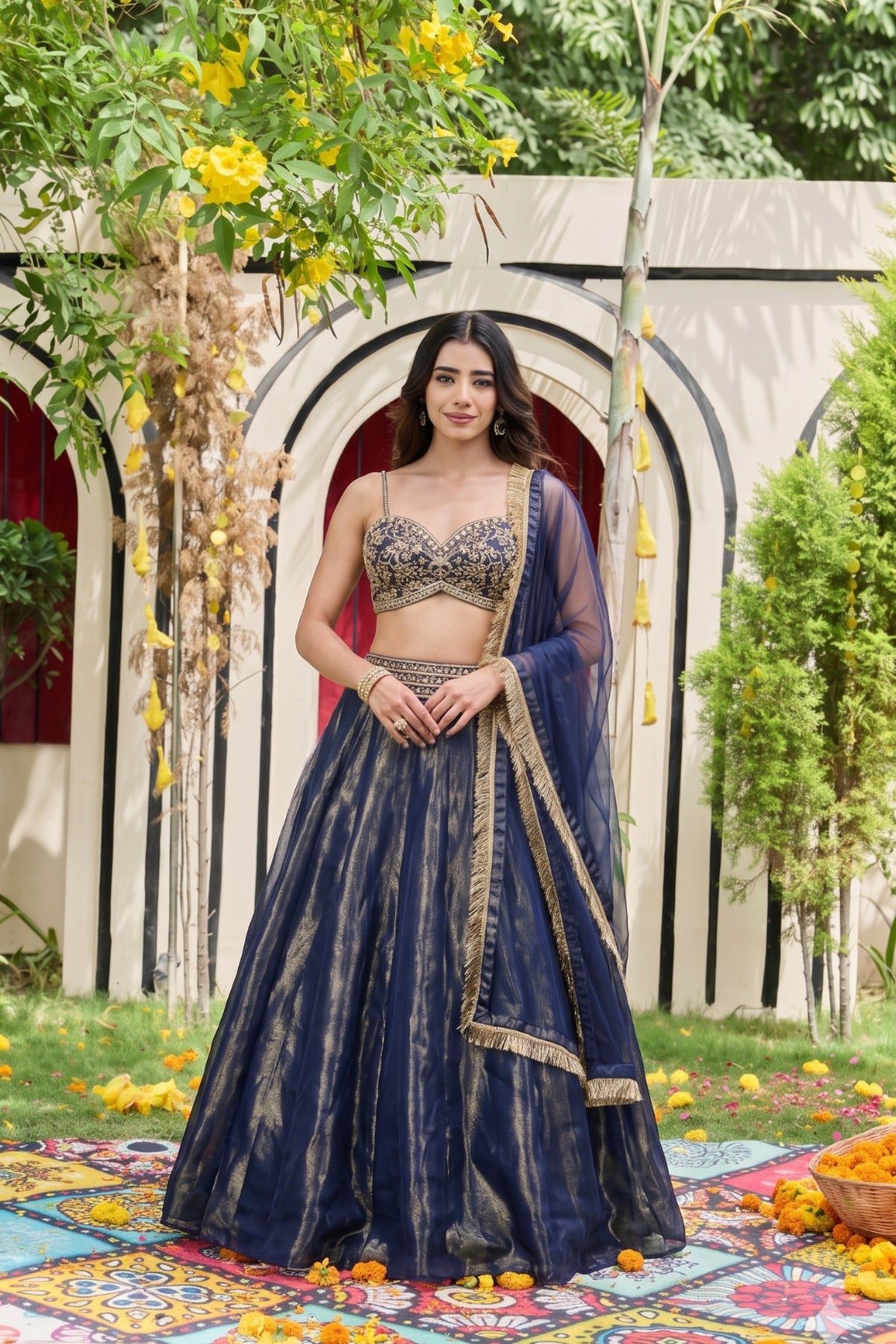 Navy Blue Embellished Bustier & Shimmer Organza Lehenga Set
