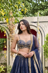 Navy Blue Embellished Bustier & Shimmer Organza Lehenga Set