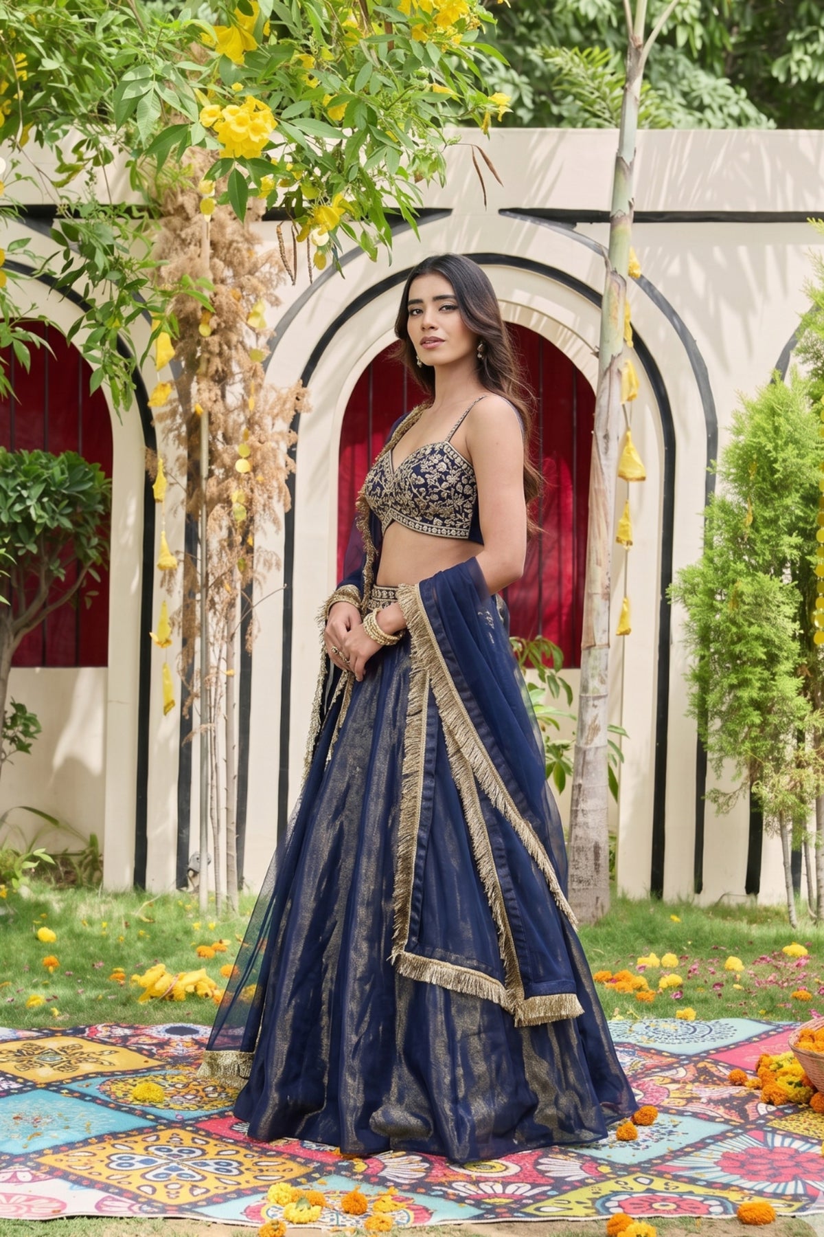 Navy Blue Embellished Bustier & Shimmer Organza Lehenga Set
