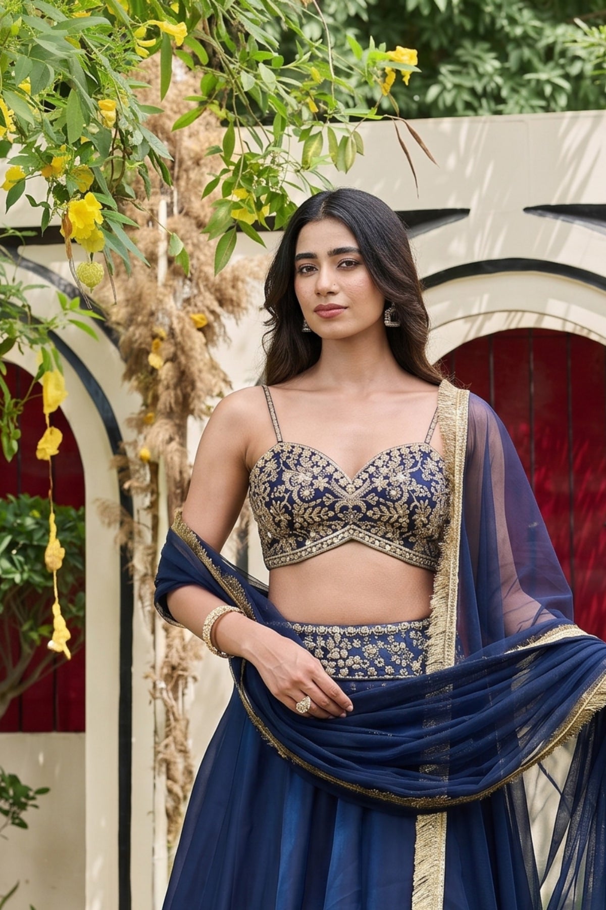 Navy Blue Embellished Bustier & Shimmer Organza Lehenga Set