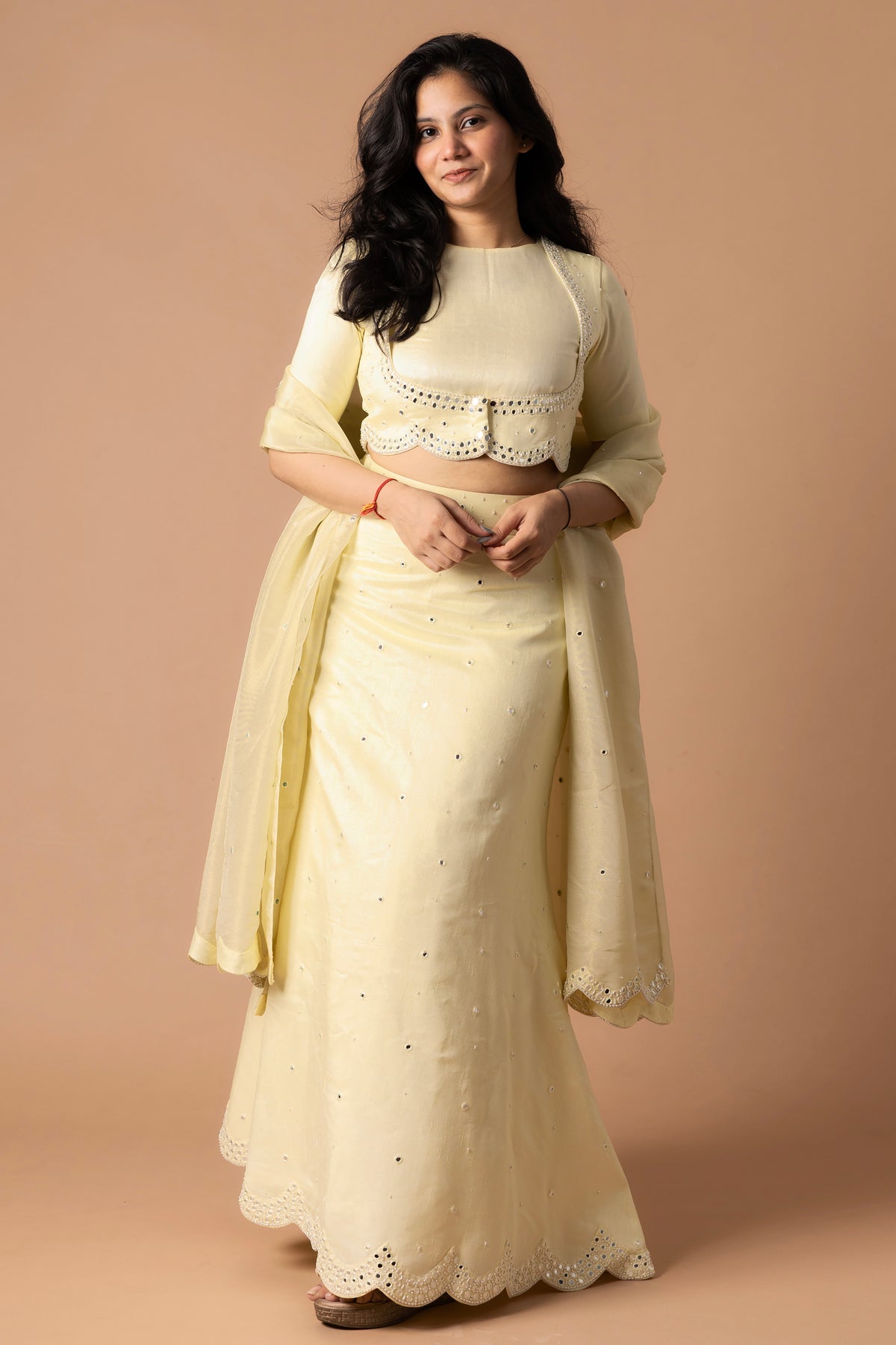 Raw Silk Lehenga And Blouse With Scallop Details Paired With Organza Dupatta