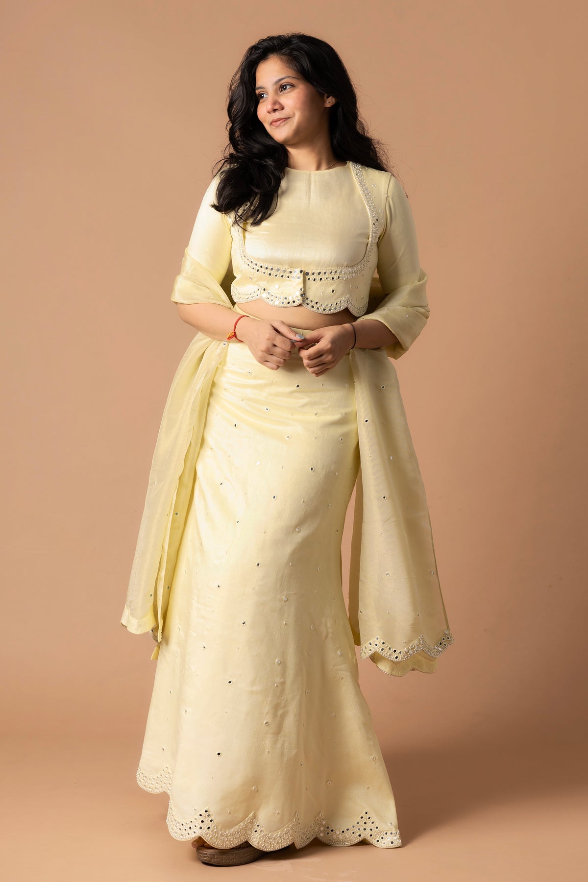 Raw Silk Lehenga And Blouse With Scallop Details Paired With Organza Dupatta