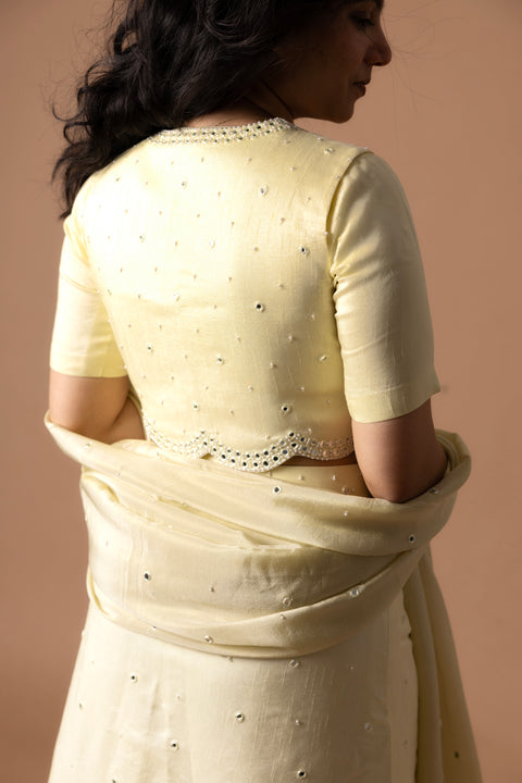Raw Silk Lehenga And Blouse With Scallop Details Paired With Organza Dupatta