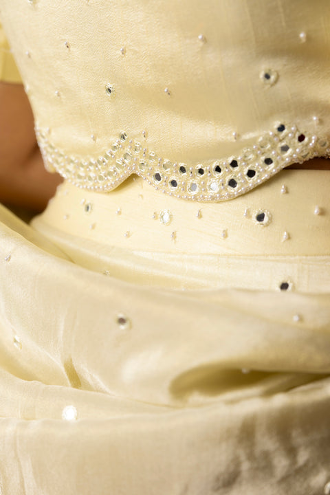 Raw Silk Lehenga And Blouse With Scallop Details Paired With Organza Dupatta