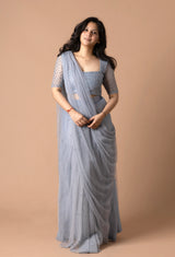 Pre-Draped Net Saree With Mirror & Pearl Work Blouse