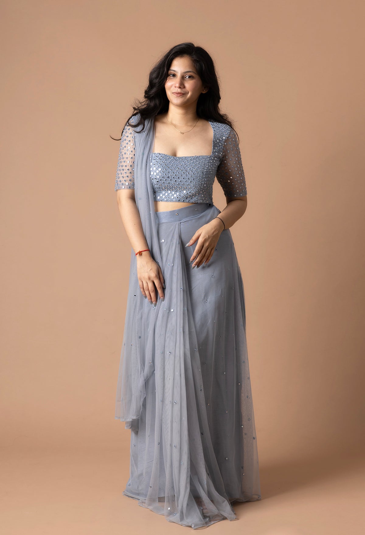 Pre-Draped Net Saree With Mirror & Pearl Work Blouse