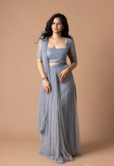 Pre-Draped Net Saree With Mirror & Pearl Work Blouse